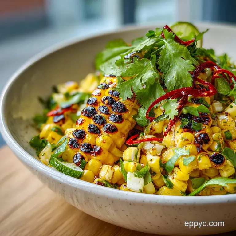 Plated grilled corn salad: bright yellow corn, red pepper, and creamy avocado. Garnished with cilantro. Summer eating!