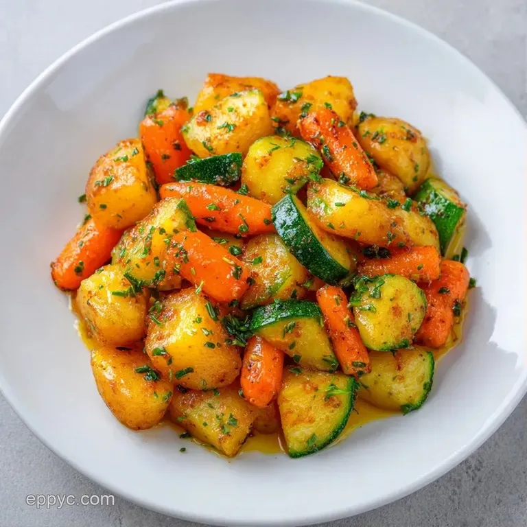 Vibrant chunks of zucchini and gold corn served in a white ceramic bowl, garnished with a sprig of fresh parsley.