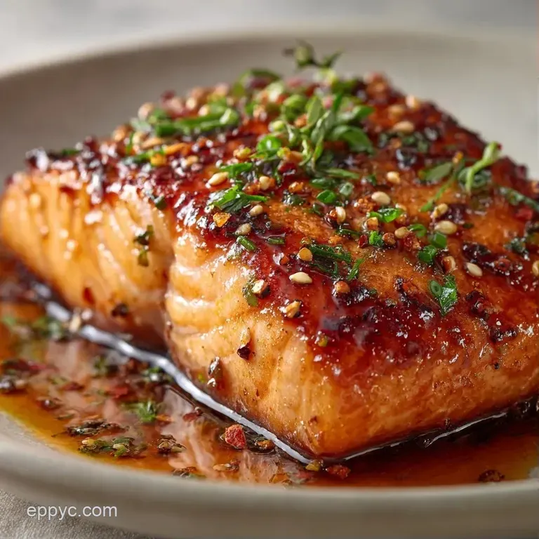 A perfectly seared pink salmon fillet resting on vibrant saut&eacute;ed spinach with a drizzle of honey-glaze and parsley.