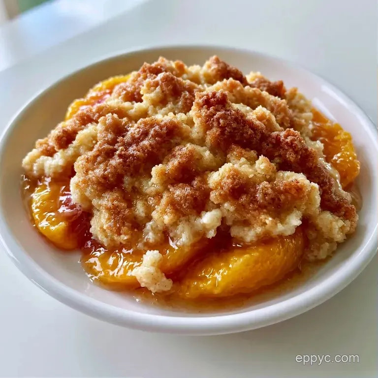 A scoop of vanilla ice cream melting over a piece of golden fruit crisp on a white ceramic dessert plate.