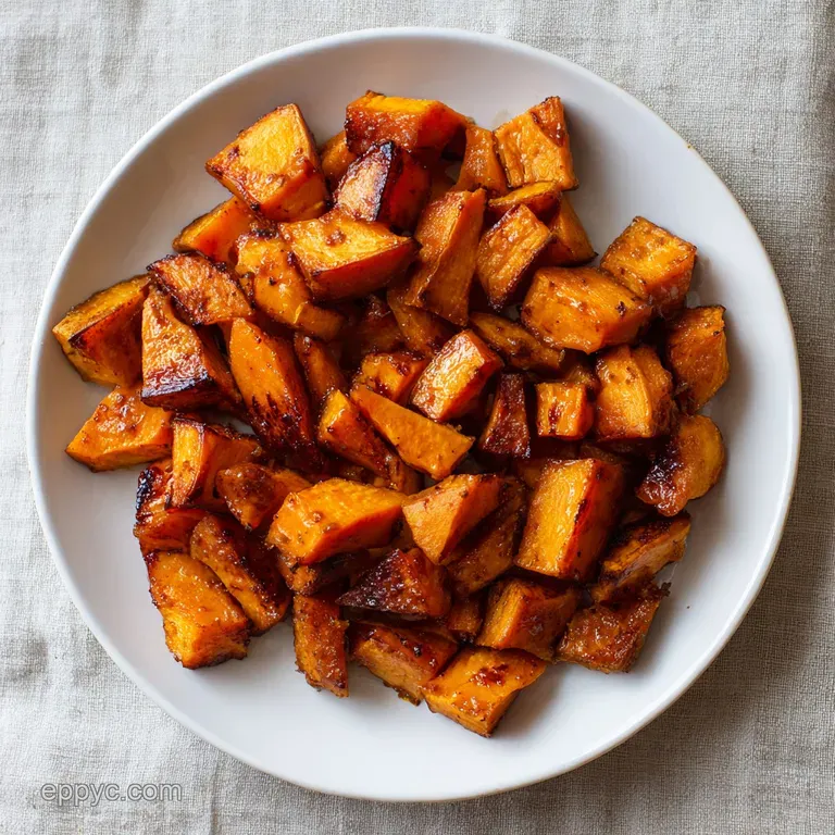 Elegant plate of caramelized sweet potatoes, their tender flesh contrasting with the crisp, caramelized edges and sugar cr...