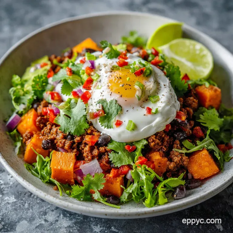 A colorful sweet potato taco bowl. Warm roasted sweet potatoes, cool greens, and a drizzle of creamy sauce present perfectly.