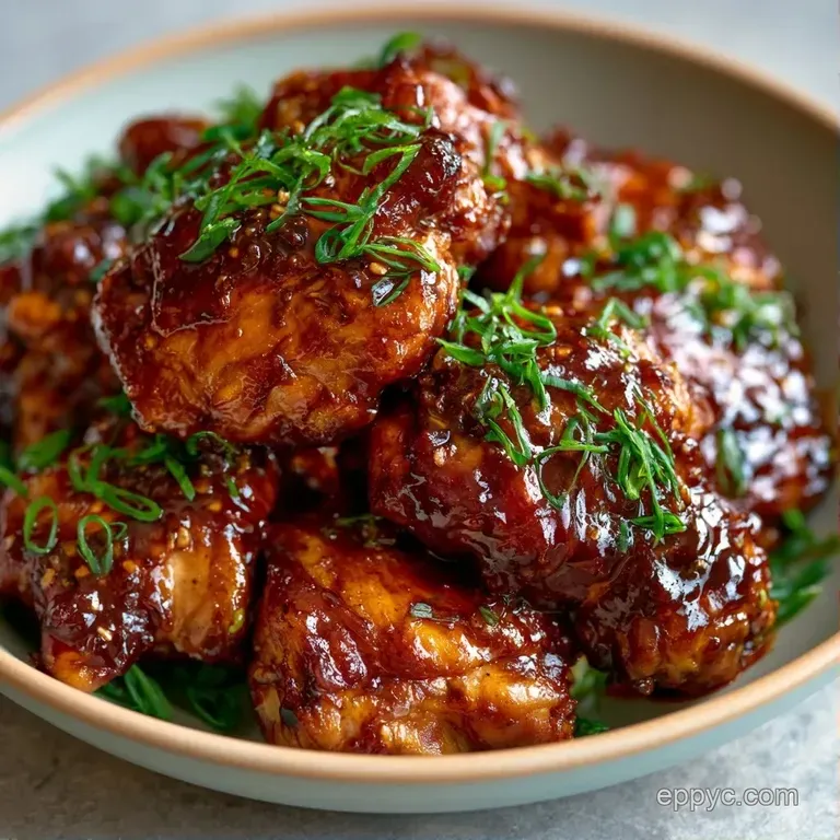 Dark mahogany glazed meat on a white ceramic plate, garnished with toasted sesame seeds and bright green scallions