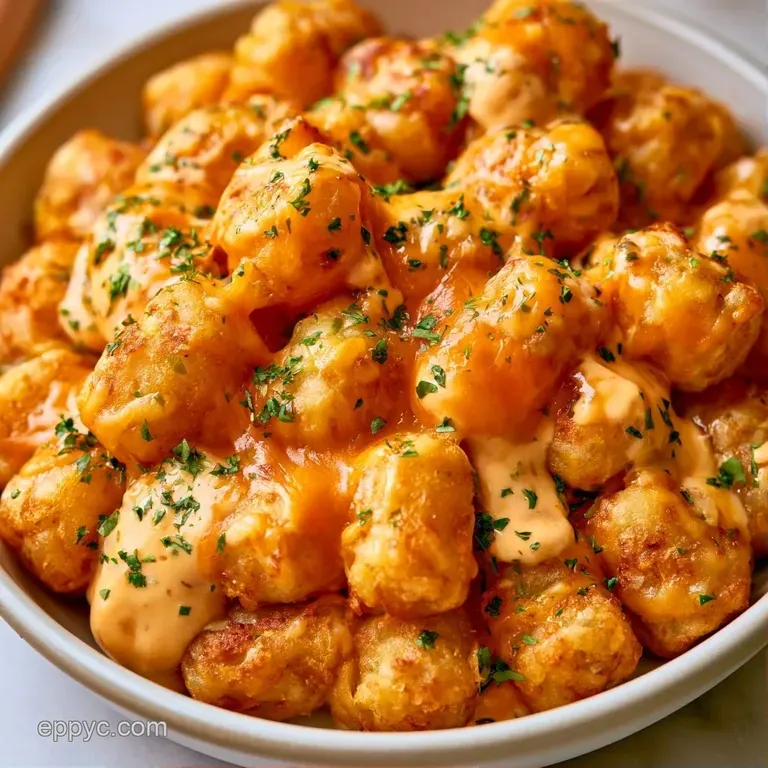 Piles of crispy, deep-gold potato bites on a white platter served with a small bowl of zesty dipping sauce.