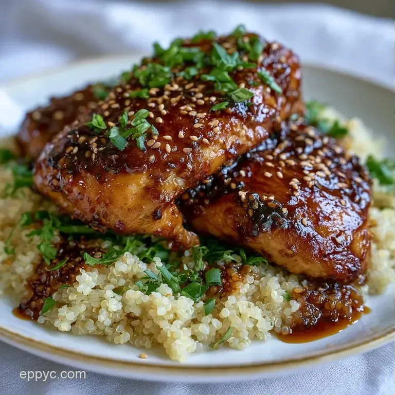 Vibrant bowl featuring glossy dark brown chicken pieces and bright green snap peas over a bed of fluffy quinoa.