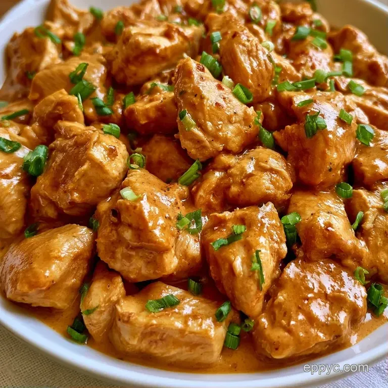 Elegant white bowl of creamy peanut sauce and chicken topped with toasted peanuts and a sprig of fresh cilantro.