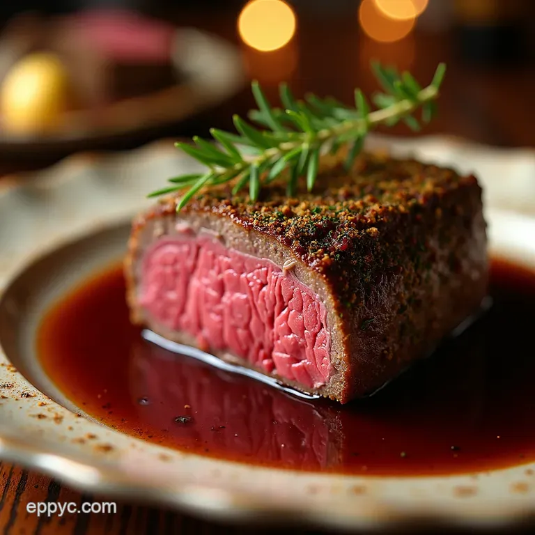 The Crown Jewel HerbCrusted Roasted Beef Tenderloin with Red Wine Jus presentation