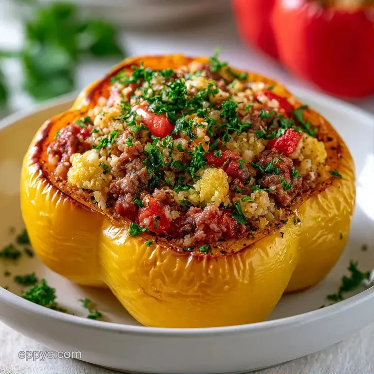 Two roasted bell peppers on a white ceramic plate, drizzled with creamy sauce and garnished with microgreens.