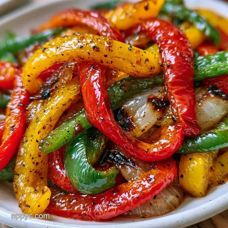 Platter of vibrant charred peppers and onions served with stacked warm tortillas and fresh lime wedges on the side.