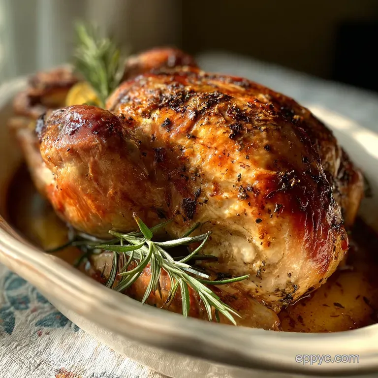 Carved, juicy turkey slices arranged artfully on a white plate with sprigs of fresh rosemary. Steam subtly rises.