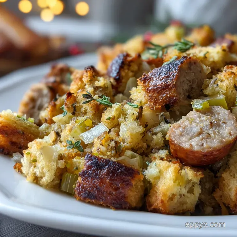 A scoop of moist dressing beside sliced turkey, garnished with cranberries and parsley; evoking a comforting, holiday feel.