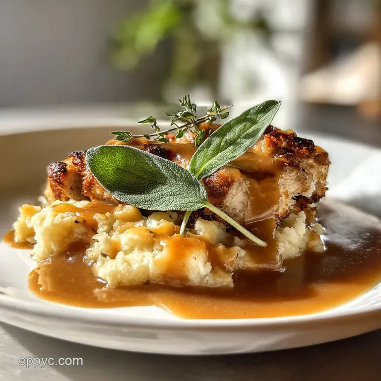 Glossy, creamy gravy cascading over sliced turkey on a white platter. Fresh herbs add vibrant green highlights and aroma.