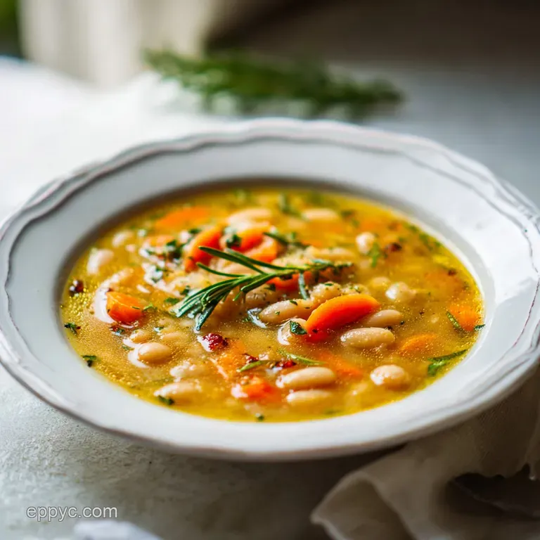 A rustic white bowl of steaming white bean soup, garnished with fresh rosemary sprigs and a drizzle of oil.
