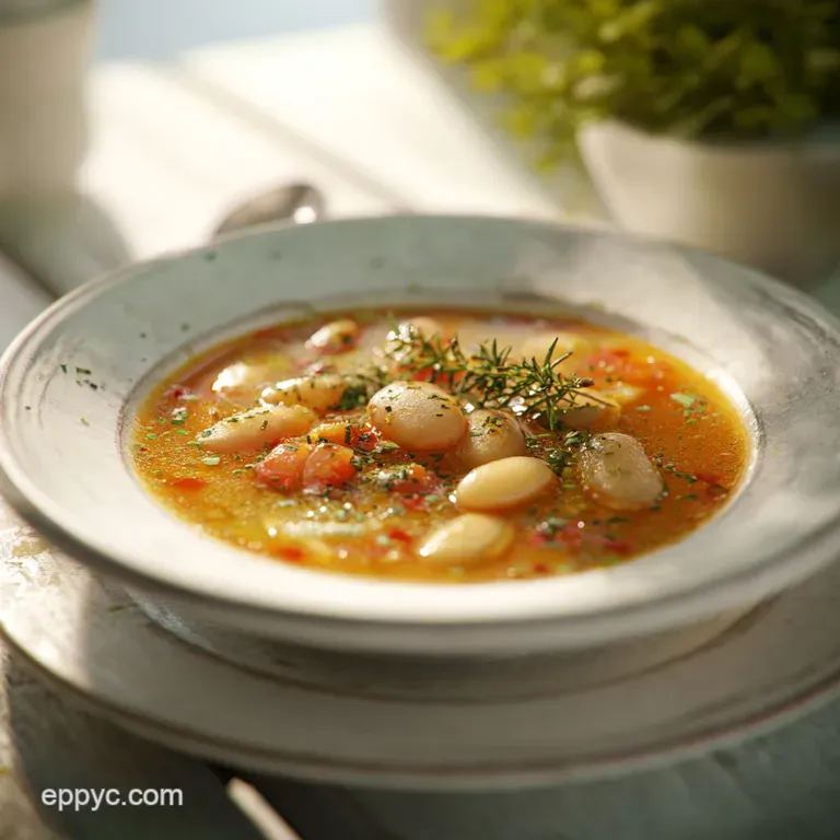 A rustic bowl brimming with tender white beans and kale, drizzled with olive oil and a sprinkle of herbs.