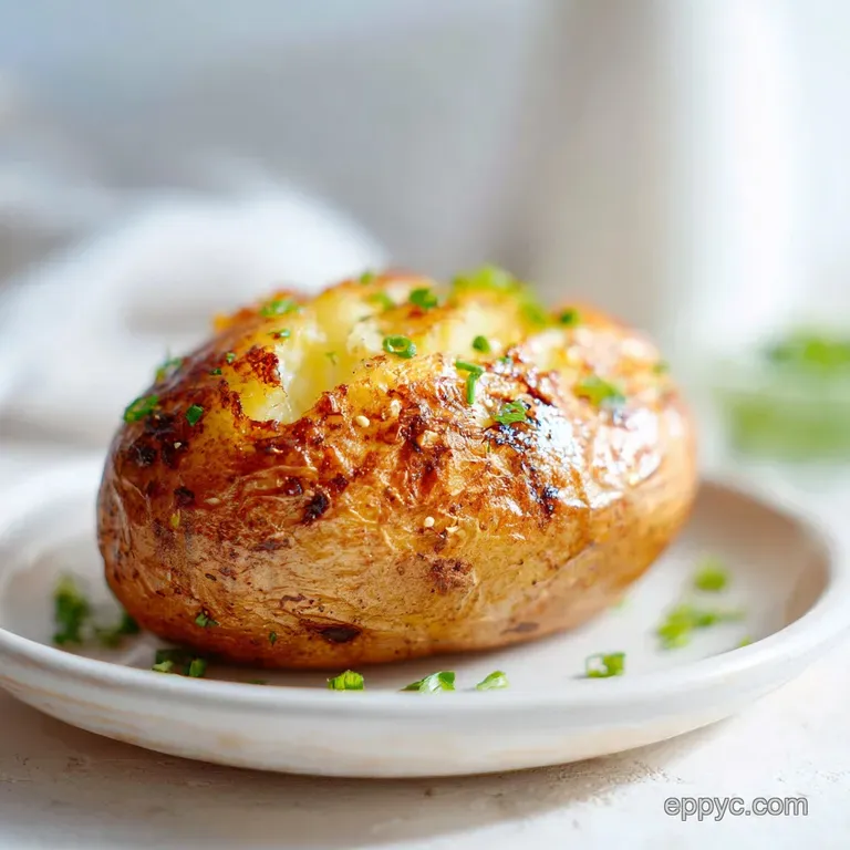 A fluffy baked potato, split and topped with melted cheese and chives, served on a rustic wooden board.