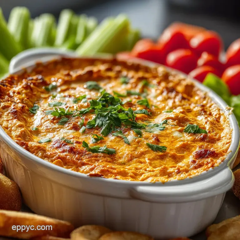 Creamy buffalo chicken dip oozing from a rustic cast iron skillet, served with crunchy celery sticks and crispy tortilla c...