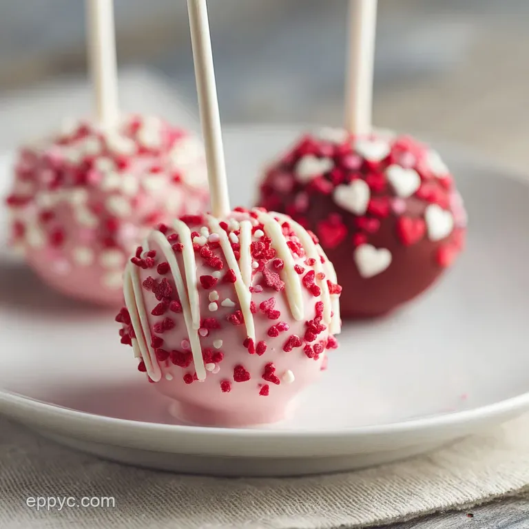 Trio of heart-shaped cake pops, dipped in vibrant pink, adorned with sprinkles, and presented on a white, minimalist plate.