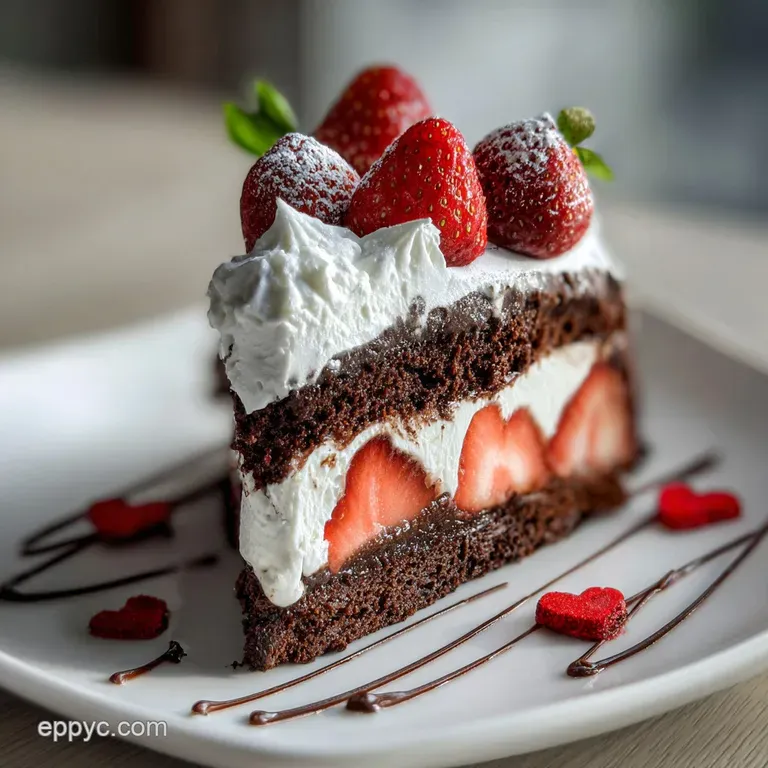 Slice of Valentine's cake on a white plate. Layers of pink frosting and cake with heart sprinkles. Inviting & delicious.