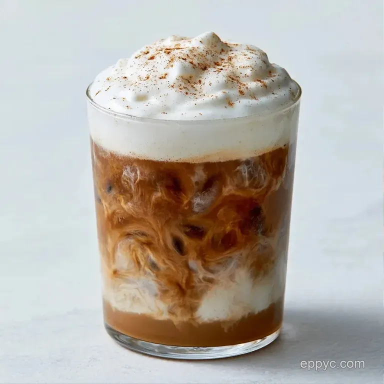 A tall glass of iced coffee topped with a velvety layer of white foam, set on a marble surface with coffee beans.