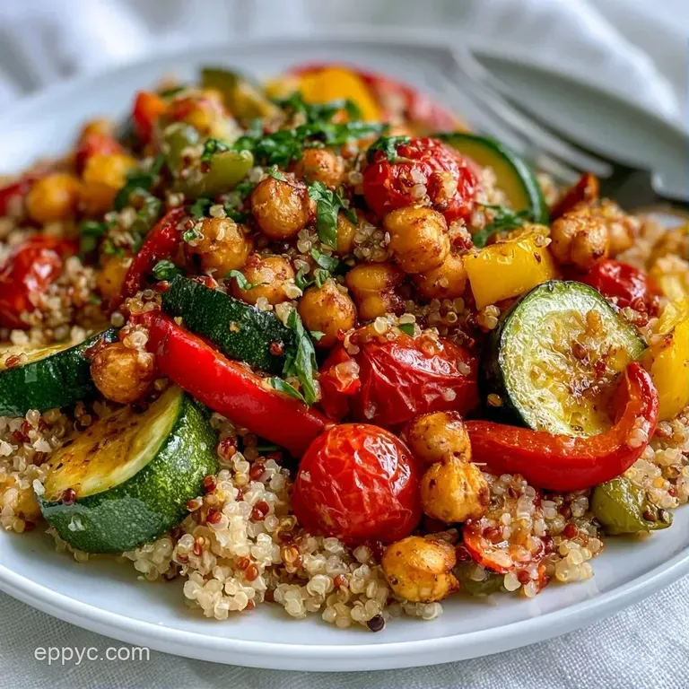 A vibrant bowl of mixed grains topped with diced vegetables and golden chickpeas, drizzled with a glistening lemon oil.