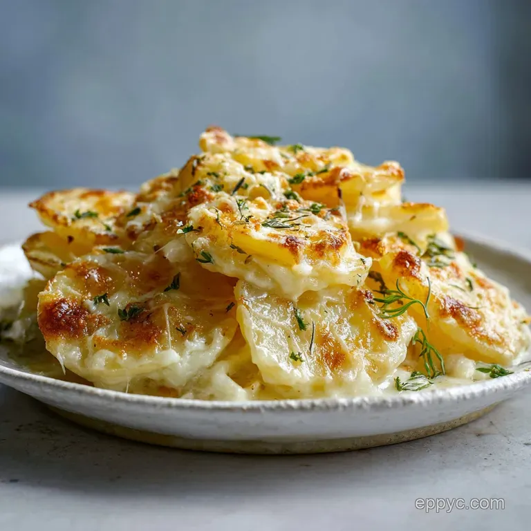 A single serving of cheesy au gratin potatoes, the browned top glistening, garnished with fresh parsley on a white plate.