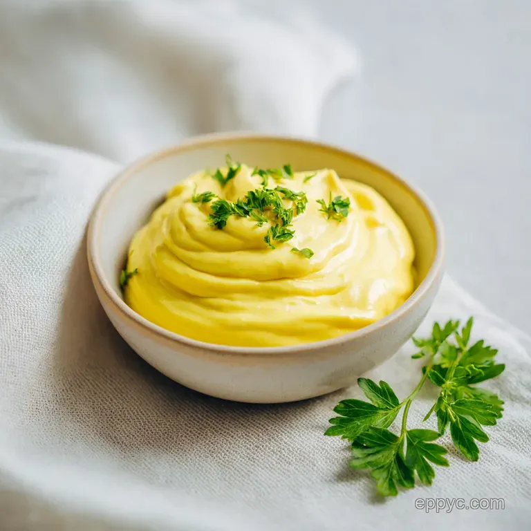 Dollop of homemade mayonnaise, satiny and rich, presented on a silver spoon against a clean white background. Elegant simp...