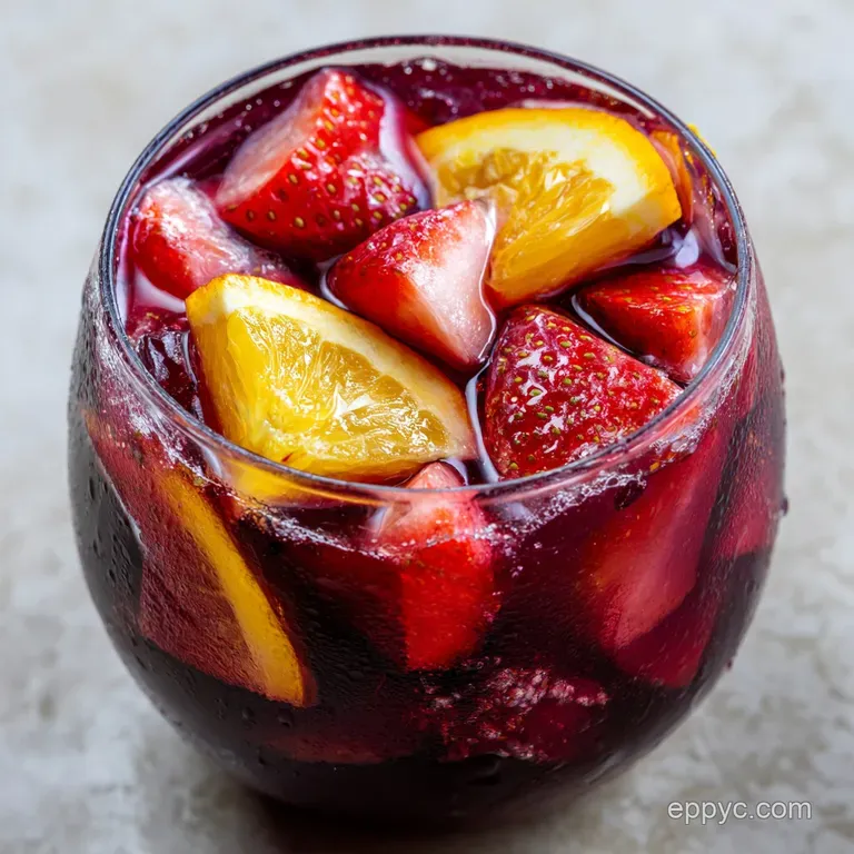 Elegant sangria presentation: chilled glass filled with ruby liquid, showcasing sliced oranges, berries, and crisp apple p...