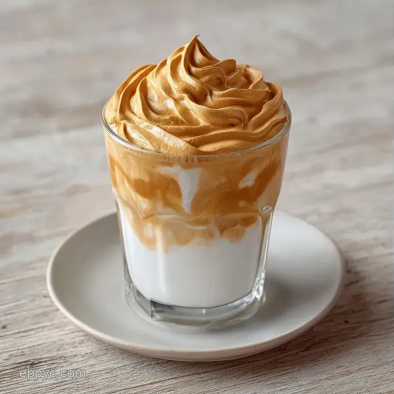 Tall glass of layered cold brew topped with velvety coffee foam and a dusting of cinnamon on a white marble table.