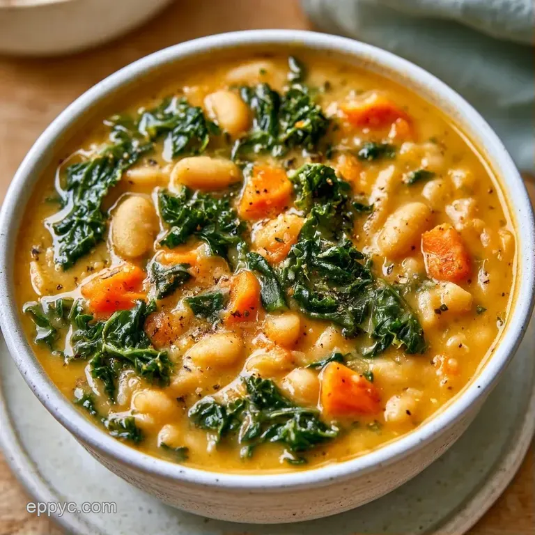 A white ceramic bowl of creamy soup topped with a swirl of olive oil and a sprinkle of cracked black pepper.