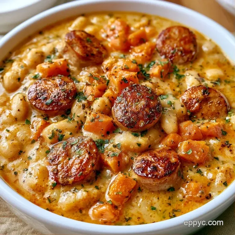 Steaming ceramic bowl of creamy white soup with savory sausage rounds and a slice of toasted sourdough bread.
