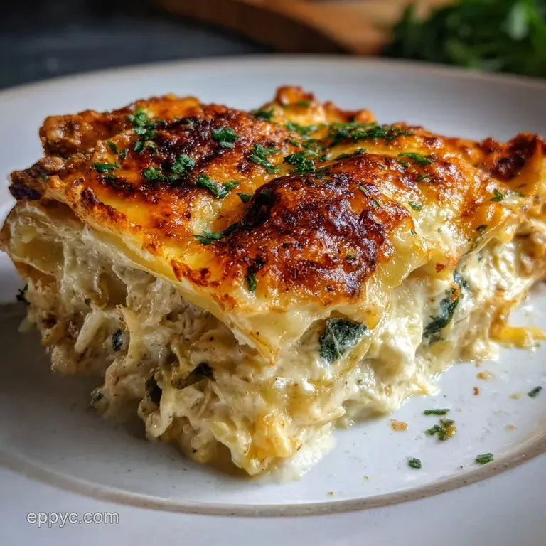 A slice of white lasagna with ricotta swirls, garnished with fresh herbs, and a drizzle of olive oil on a white plate.