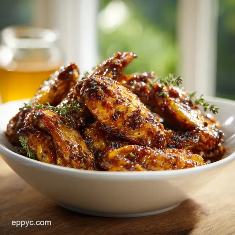 A perfectly plated stack of golden, glistening hot honey chicken wings, artfully arranged.