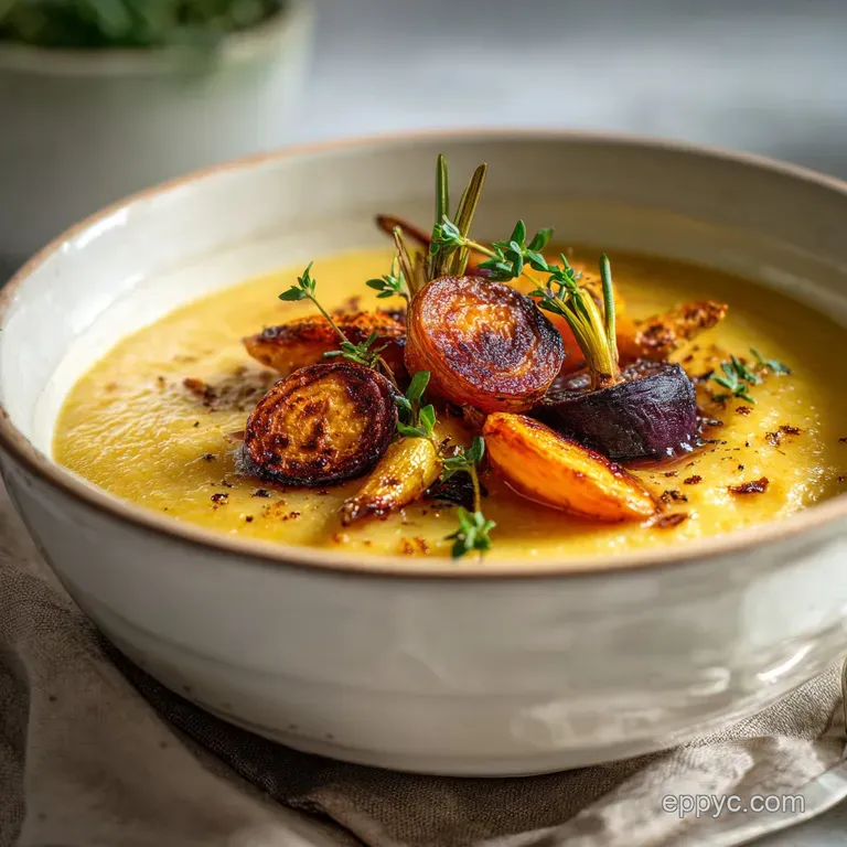 Steaming bowl of root vegetable soup with toasted bread, garnished with fresh herbs and a swirl of cream.
