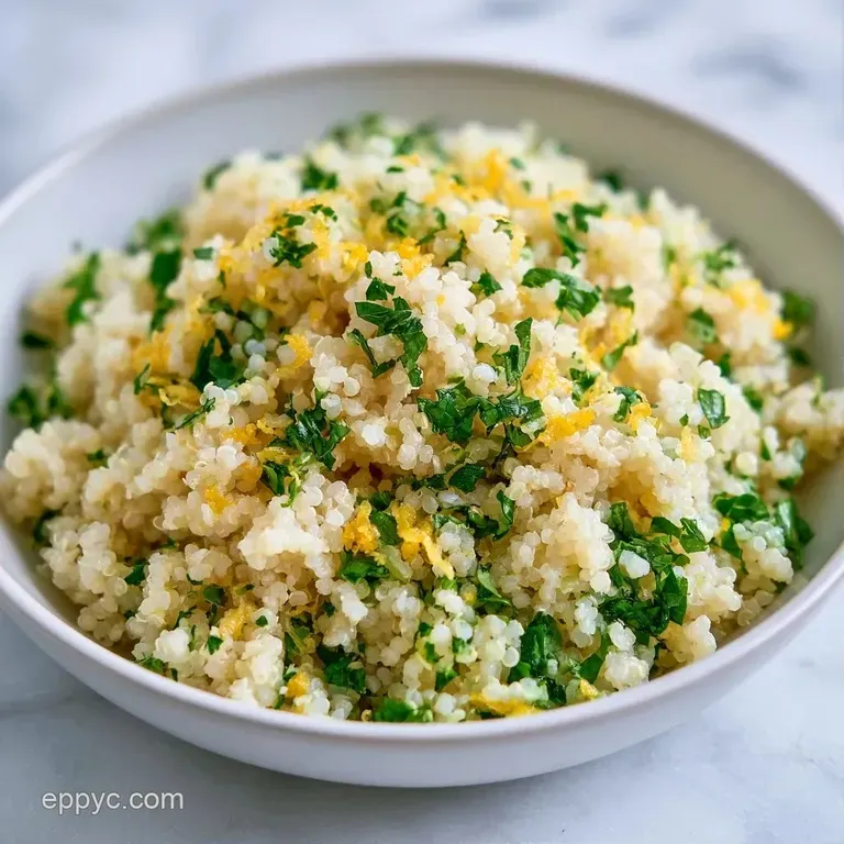 Golden grains of quinoa shaped in a mound, topped with a bright lemon slice and fresh green herbs on a grey plate.